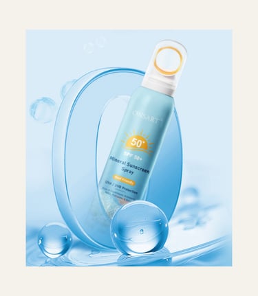 ONSART SPF 50+ Mineral Sunscreen Spray bottle with reef-friendly UVA UVB protection against a blue water bubble background.