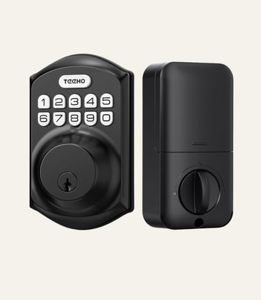 Matte black Teeho electronic keypad deadbolt door lock with numeric buttons and keyhole.