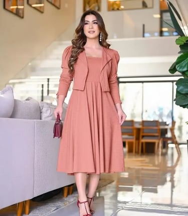 Conjunto Feminino Evangélico Luxo Elegante Canelado + Blazer