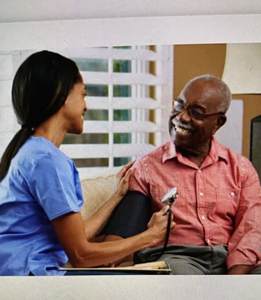a nurse and a patient in patient's living room during admission