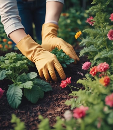 A person is tending to a garden, spreading organic material onto the soil between rows of young plants. The setting is a well-organized farm with various types of plants growing in parallel rows. A wheelbarrow filled with similar organic material is visible nearby.