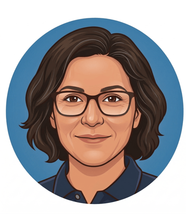 Professional digital illustration of a woman with glasses and short brown hair on a blue background.