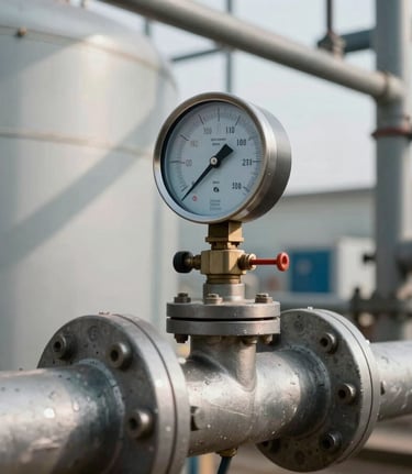 Vortex flow meter flanged into a steam line in an industrial boiler room, gauge face showing live process data, natural shadows from overhead pipe runs, cool overcast work-site light
