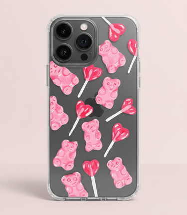 Funda pintada para con diseño de patrón de osito de goma rosa y paletas en forma de corazón