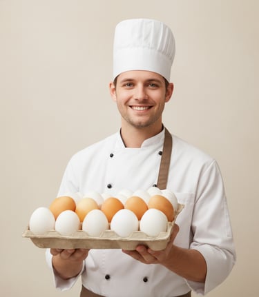 A smiling chef in a white uniform holding a carton of white eggs.