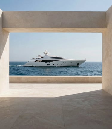 Minimalist wide shot of a luxury villa terrace overlooking a superyacht at anchor in deep blue water, sharp architectural shadows, crisp sunlight, champagne tones, medium format