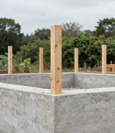 Documentary architectural photography of a raw concrete foundation with emerging timber posts, natural overcast daylight, sharp 35mm lens.