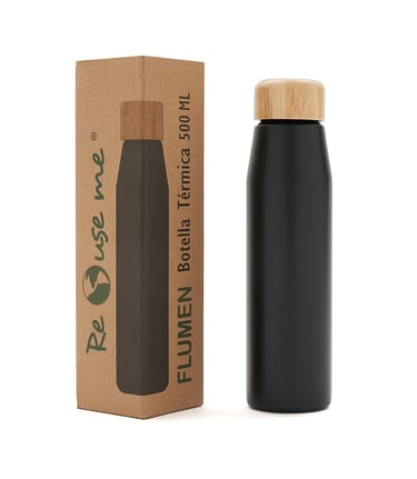 Black 500ml ReUseMe Flumen thermal bottle with a natural wood lid, shown next to its eco-friendly cardboard packaging.