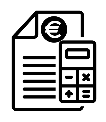 Folha com o símbolo euro e uma calculadora, representando orçamento rápido e transparente