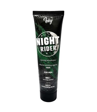 Inky Night Rider 150ml vyriškas soliariumo kremas - juoda pakuotė su žaliu apskritimu 