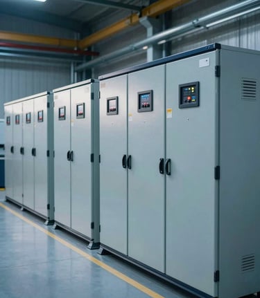 A wide shot of a modern industrial floor with rows of high-tech electrical cabinets and control systems, illuminated by professional Steel Blue lighting, Global / Industrial setting.