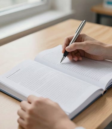 Close-up of a scientific journal open on a wooden table, soft natural daylight from a window, hands holding a pen, shallow depth of field, professional and academic focus.