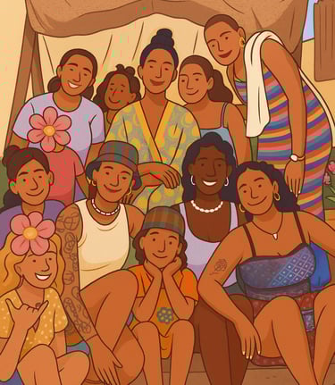 un grupo de mujeres africanas y afrodescendientes sentadas en un balancin