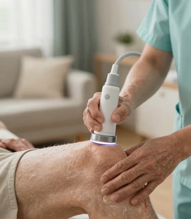 A close-up shot of a professional physiotherapy laser therapy application on a senior's knee. The lighting is warm and reassuring. The specialist's hands are visible, wearing a soft #9FBDB8 colored uniform sleeve. The background is a cozy, blurred home living room environment with soft green and cream tones.