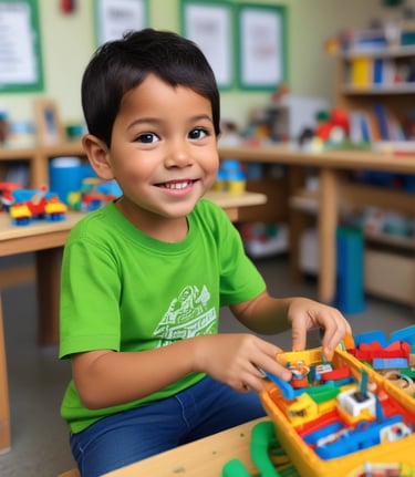 a young boy sitting at a table with a lego - style toy