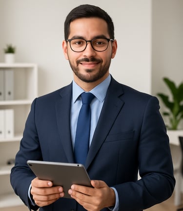 Professional businessman in a blue suit holding a digital tablet in a modern office.