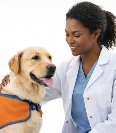 imagem criada por IA de um cão golden com um colete, ao lado de uma mulher negra, com jaleco de médica