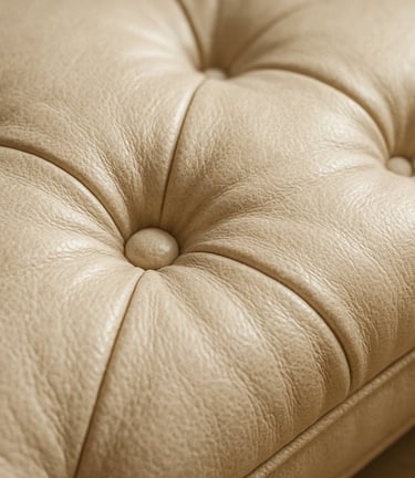 Close-up of button tufted bench cushion showing soft fabric texture and natural shadows for a luxurious look.