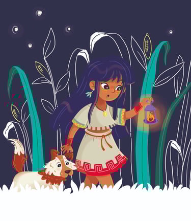 Children’s book illustrator style – exploring girl with dog