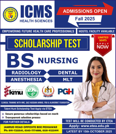 ETEA Ad of ICMS Health Sciences scholarship test for BS nursing and paramedical programs 2025