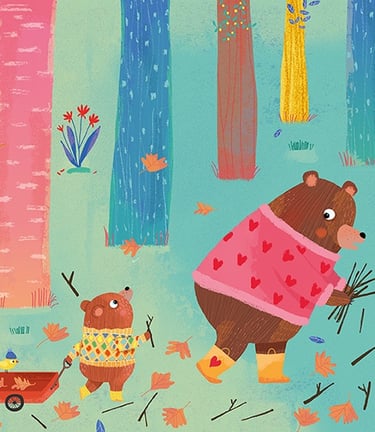 Children’s book illustrator style – whimsical bear family in green forest