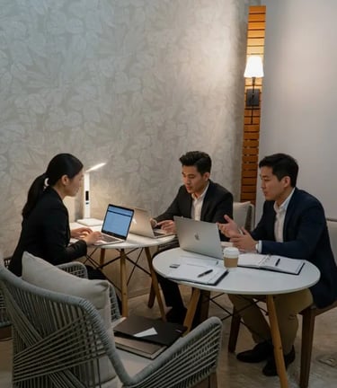 a group of people sitting around a table