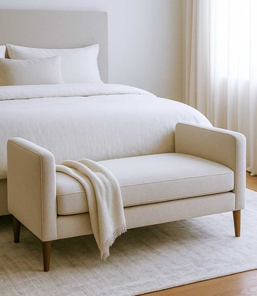 mall bench sofa at the foot of a bed in a cozy, modern bedroom with soft lighting and layered neutral textures.