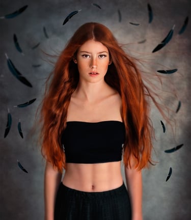 red head girl with freckles, wearing black skirt and crop top. Black feathers around her