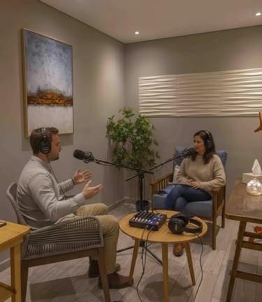 a man and woman sitting in a room