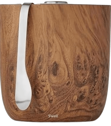S'well wood-grain insulated ice bucket with matching stainless steel ice tongs.