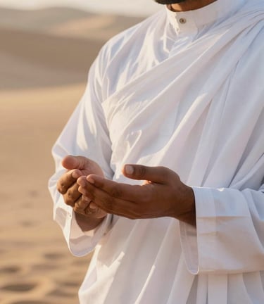 A close-up of a pilgrim in white Ihram, hands gently open in prayer, soft golden hour sunlight filtering from the side, serene editorial photography style, 35mm