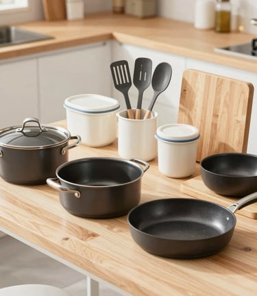A vibrant kitchen scene featuring a set of colorful non-stick pots and pans on a stove with fresh vegetables nearby.