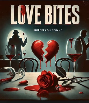 A murder mystery dinner poster featuring a broken bleeding heart, red wine, and silhouettes of suspicious men.