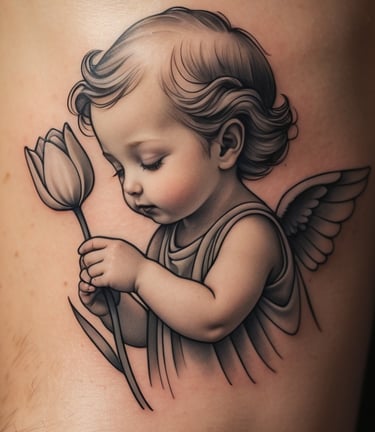Tatuaggio di un bambino con delle ali che tiene in mano un tulipano