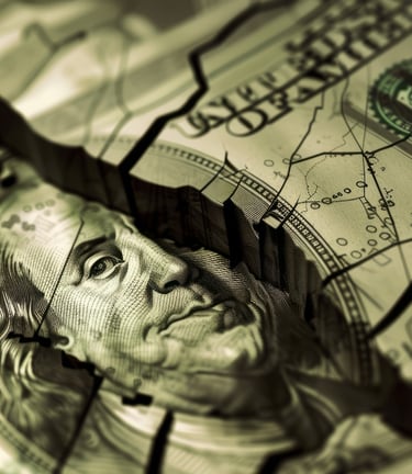 a broken dollar bill, economic collapse