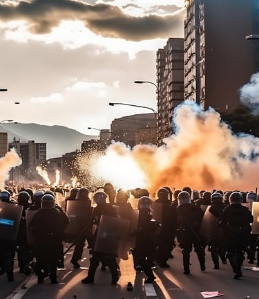 a group of people standing in front of a building civil unrest
