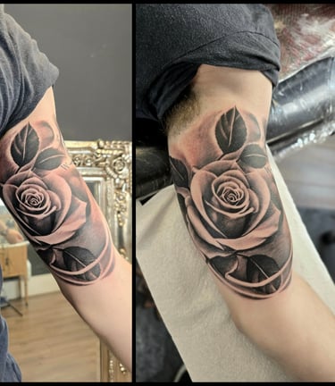 Black and grey realism rose tattoo