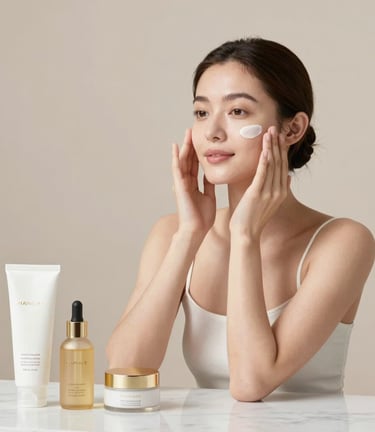 Close-up of luxurious skincare products with elegant gold and black packaging arranged on a marble surface.