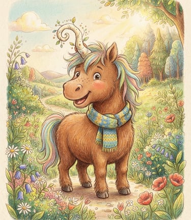 Whimsical children's book illustration of Kalle Knickhorn, a friendly brown unicorn with a charmingly bent horn, smiling warmly under soft sunlight, textured paper background
