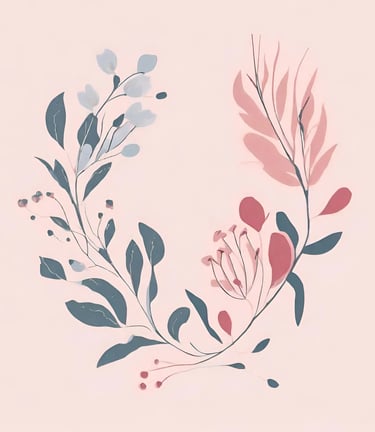 Watercolour image of a wreath with green leaves on one side and pink leaves on another