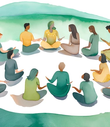 A green and yellow watercolour image of diverse group of people sitting in a circle
