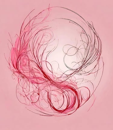 An abstract red line drawing which creates a pleasing form through swirls which looks like a wreath