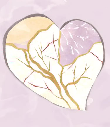 Watercolour kintsugi heart representing beauty, meaning & character created through pain & heartache