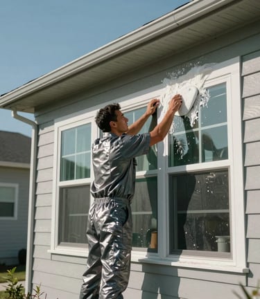 A professional in a clean steel grey uniform washing the exterior windows of a modern two-story North American suburban home on a sunny day.