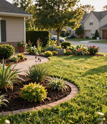 Professional landscaping in a North American suburban backyard, neat garden beds and a manicured lawn under warm afternoon lighting.