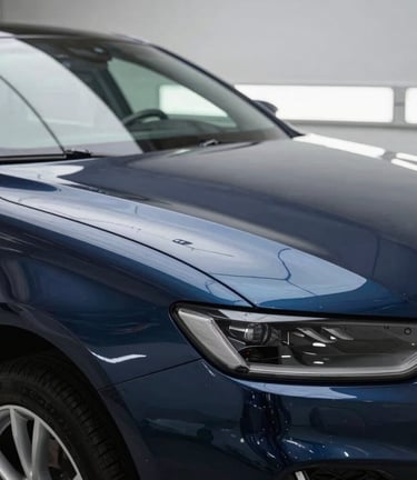 Close-up of a professional detailing a high-end car exterior in a clean North American garage, focused lighting on polished surfaces with deep navy and slate blue tones.