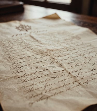 Macro shot of a 1700s Spanish land grant document with elegant cursive ink calligraphy on aged parchment, warm library window light, shallow depth of field, 35mm film texture.