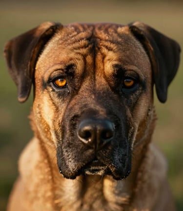 Close-up macro portrait of an intelligent Boerboel's amber eyes, reflecting soft golden hour light, capturing a calm and discerning gaze.
