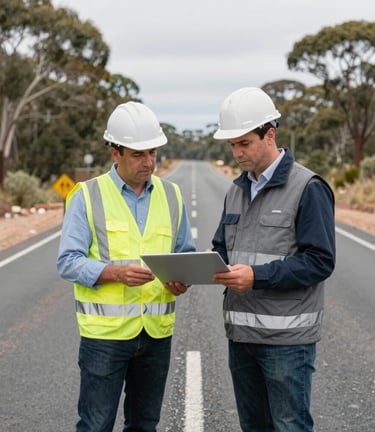 A team conducting a road safety audit with traffic cones and signage