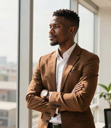 A confident young Nigerian professional working in a bright, sunlit modern Lagos office, looking thoughtfully out of a large window, warm rich tones